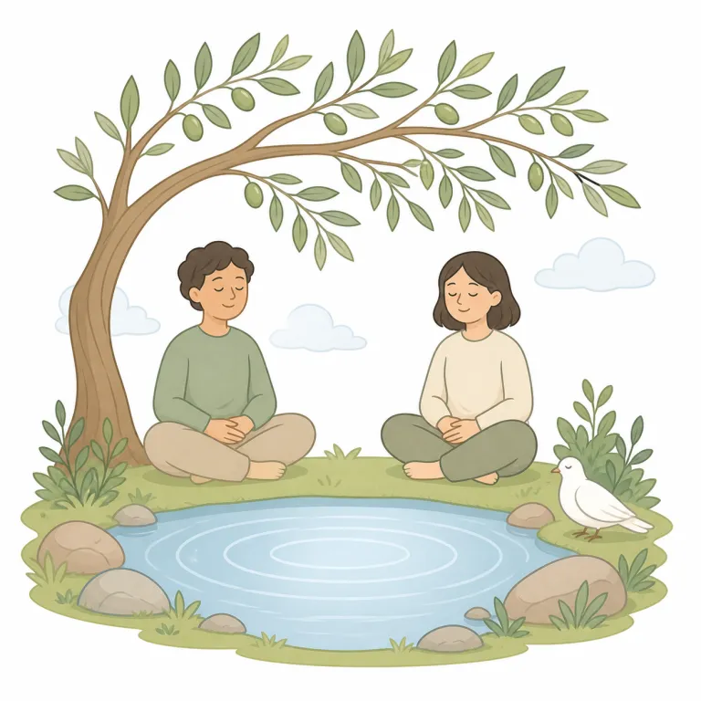 peacefulness（穏やかさ・名詞）の覚え方イラスト — このエントリの peacefulness は、社会や地域の「平和な状態」ではなく、場所・時間・心に感じられる「穏やかさ」を表す用法です