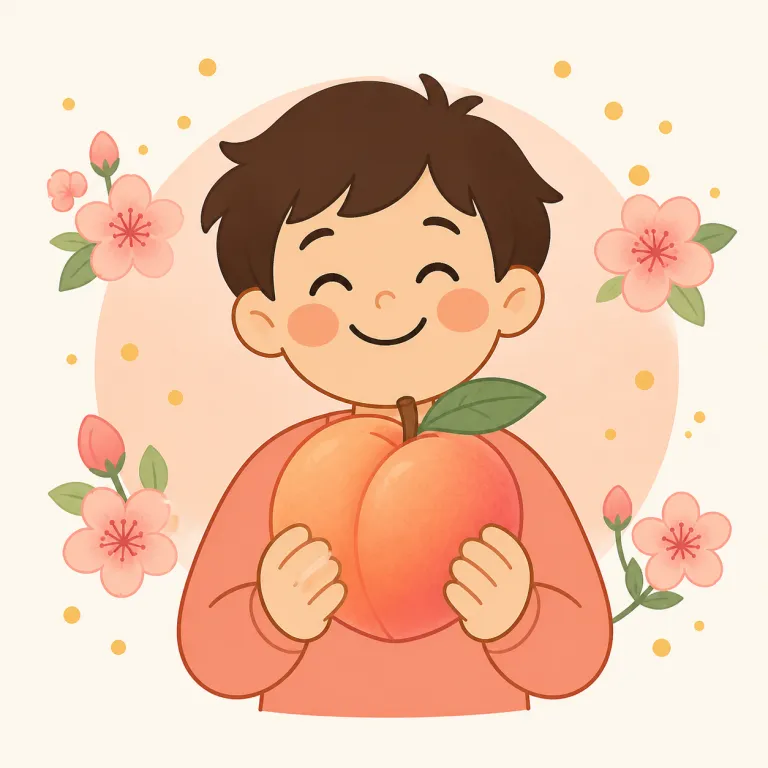 peachy（桃色がかった、すてきな、好調な・形容詞）の覚え方イラスト — peach（桃）+ -y「〜っぽい」で、まず「桃みたいな色・感じ」を核にすると覚えやすい語です