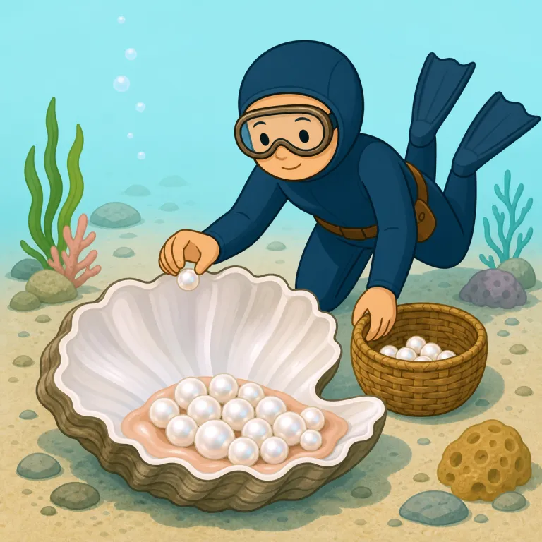 pearling（真珠採取・名詞）の覚え方イラスト — pearling は pearl「真珠」に -ing が付いた語で、「真珠を得るための採取業・作業」と覚えます