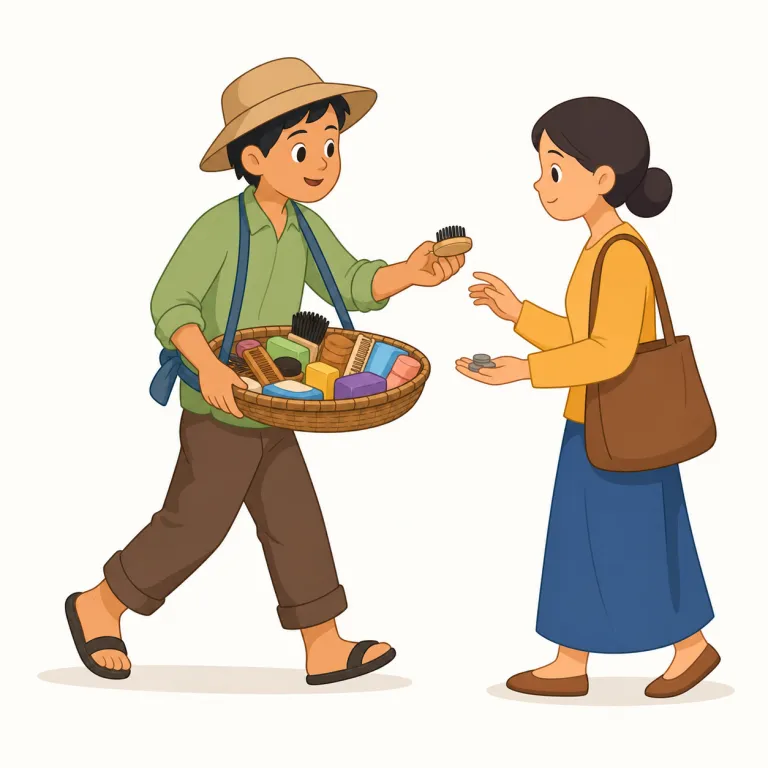 peddle（売り歩く、売り込む・動詞）の覚え方イラスト — まず sell より押しが強く、商品や考えを人に売り込む場面で使う語として覚える