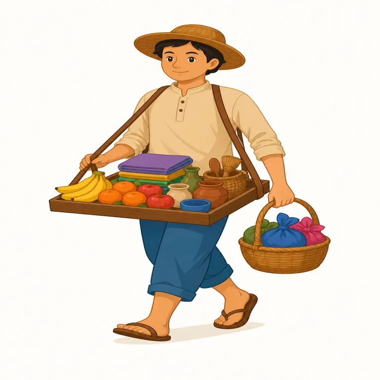 peddler（行商人・名詞）の覚え方イラスト — 「-er は『〜する人』なので、まず peddle（売り歩く・しつこく売る）する人だと取ると覚えやすい