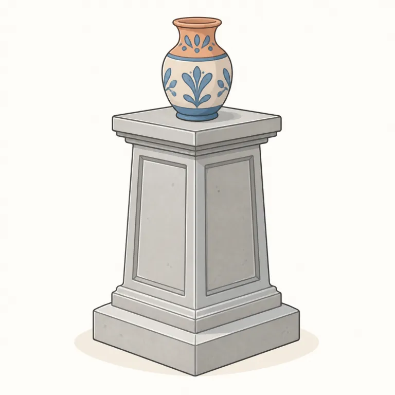 pedestal（台座・名詞）の覚え方イラスト — この意味のpedestalは、柱脚という建築上の基本義とは別に、像・花瓶・展示物などを高く見せるための「台座」を指します