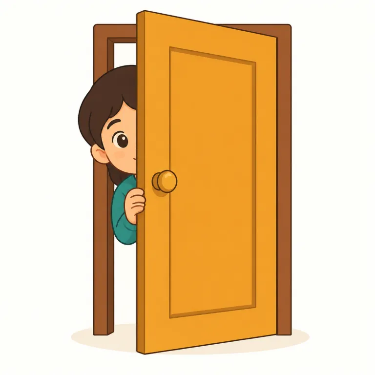 peek（覗く・動詞）の覚え方イラスト — 動詞の peek は、体を大きく入れずに視界だけ差し込む動きとして覚えると自然です