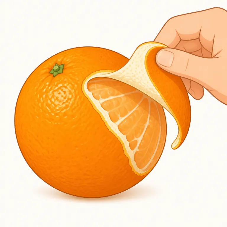 peel away（剥がれ落ちる・句動詞）の覚え方イラスト — まず peel を単体で「果物の皮をむく」で固定すると覚えやすいです