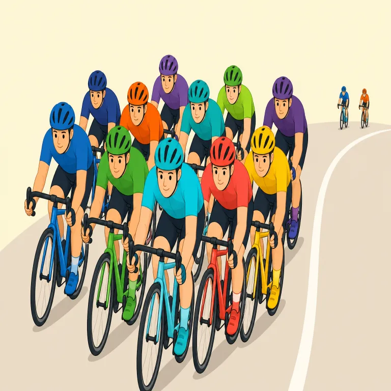 peloton（（自転車競技の）主集団・名詞）の覚え方イラスト — peloton は普通の group や crowd ではなく、自転車ロードレースで使う「本隊・大集団」の専門語として覚えると定着します