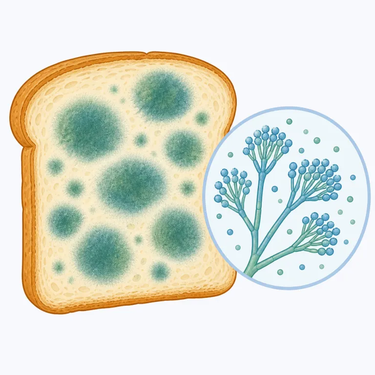 penicillium（アオカビ・名詞）の覚え方イラスト — penicillium は penicillin と同じ penicill- を含むので、まず「ペニシリンに関係するカビ」と結びつけると覚えやすいです