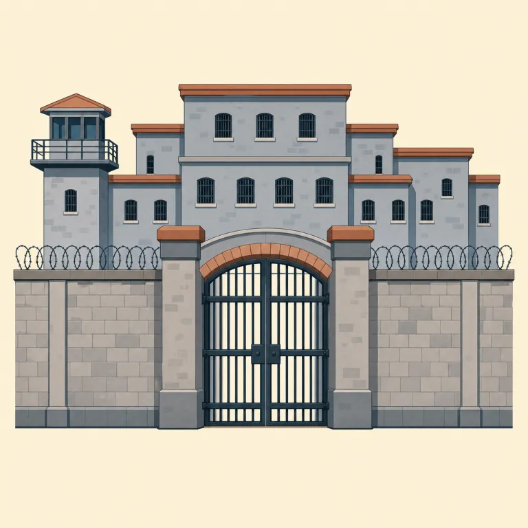 penitentiary（刑務所・名詞）の覚え方イラスト — `penitent`（悔い改める人）や `penance`（償い）を知っているとつながります
