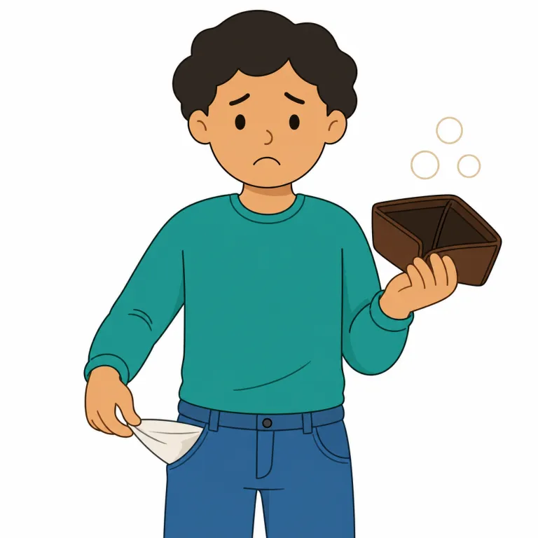 penniless（無一文・形容詞）の覚え方イラスト — penniless は penny「小銭、ペニー」に -less「〜がない」が付いた語で、文字どおり「小銭すら持っていない」と考えると「無一文」を覚えやすいです