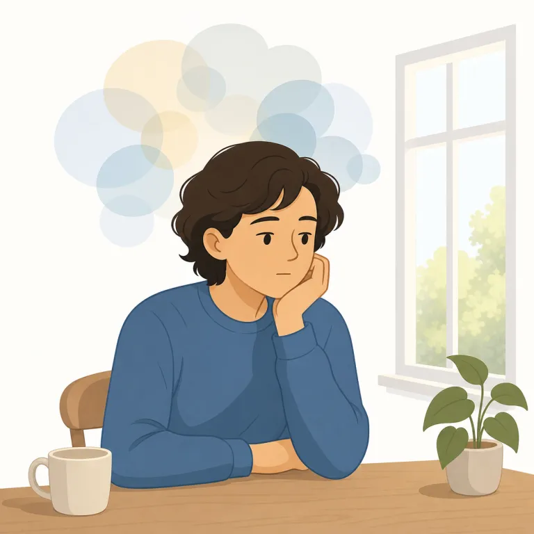 pensive（物思いにふける・形容詞）の覚え方イラスト — まず think と結びつけるより、よく出る形で覚えるのが近道です
