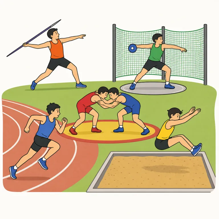 pentathlon（五種競技・noun）の覚え方イラスト