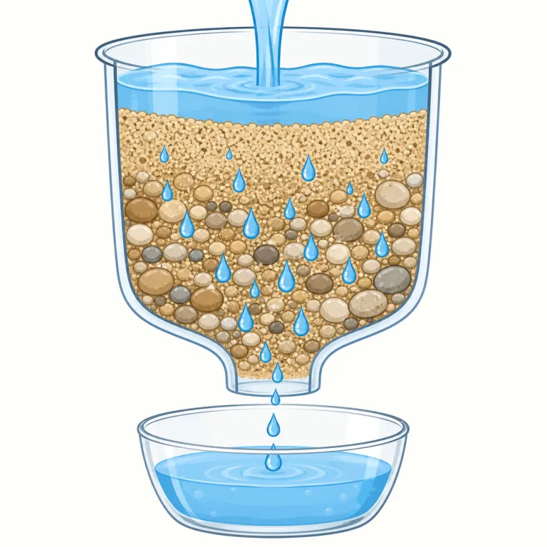 percolating（浸透する・動詞）の覚え方イラスト — percolating は、液体や情報が一気に広がるのではなく、細かいすき間や集団の内部をゆっくり通ってしみ込んでいる最中の感じです