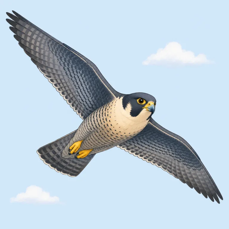 peregrine（ハヤブサ・名詞）の覚え方イラスト — まず `falcon`=ハヤブサ類を押さえ、`peregrine falcon` で「最速で急降下する、あの有名なハヤブサ」とセットで覚えるのが実用的です