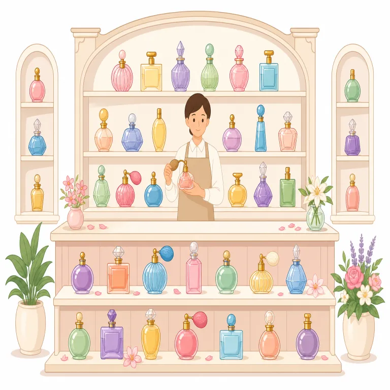 perfumery（香水業・名詞）の覚え方イラスト — perfume「香水」に -ery が付くと、単に香水そのものではなく、それを作る・売る活動や専門分野を表せます