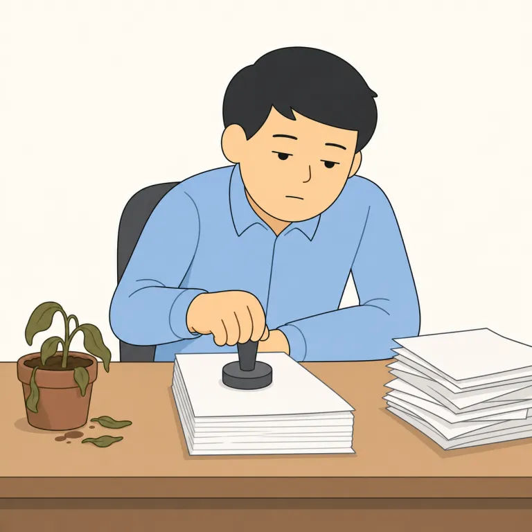 perfunctory（おざなりな・形容詞）の覚え方イラスト — perfunctory は、行為そのものは一応行われているが、注意・努力・誠意がほとんど入っていない様子を批判的に表す形容詞です