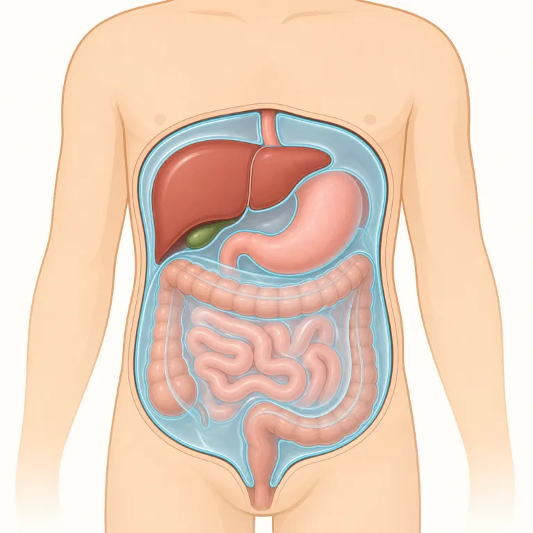 peritoneal（腹膜の・形容詞）の覚え方イラスト — まず peritoneum＝腹膜 を知っておき、-al が付くと「〜に関する」という医学形容詞になる型で覚える