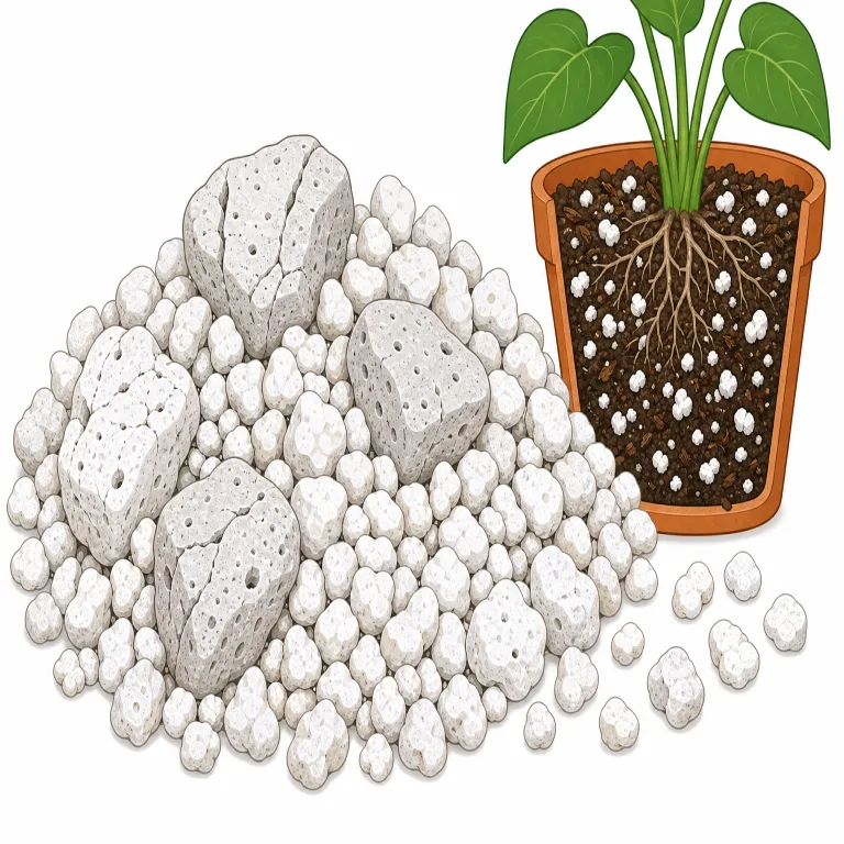 perlite（パーライト・名詞）の覚え方イラスト — この用法の perlite は、真珠岩そのものではなく、それを加熱して膨張させた軽い多孔質の素材を指します