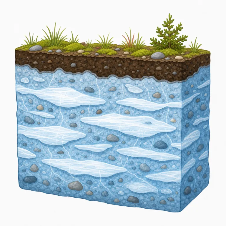 permafrost（永久凍土・名詞）の覚え方イラスト — perma- は permanent の perma と見れば「ずっと続く」、frost は frosty などの「霜・凍結」