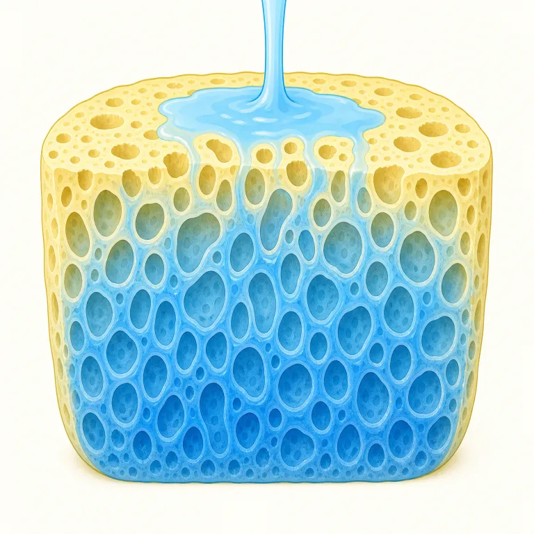 permeate（浸透する・動詞）の覚え方イラスト — permeate は、液体・気体・湿気などが素材や空間の内部に入り、時間をかけてすみずみまでしみ込む「浸透する」を表します