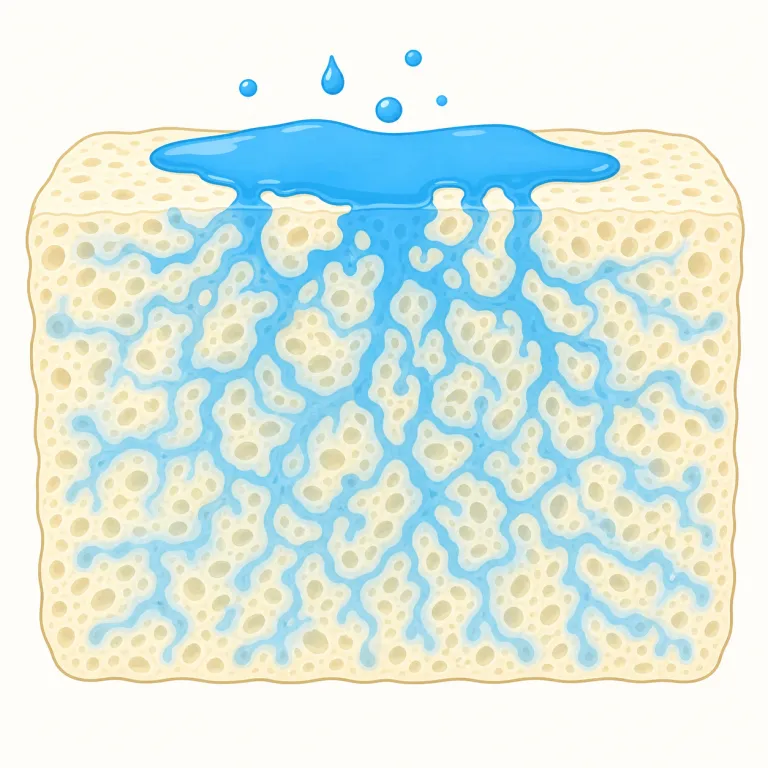 permeating（浸透する・動詞）の覚え方イラスト — permeating は permeate の -ing 形で、気体・液体・熱・性質などが物の内部へじわじわ入り込んでいる状態や動きを表します