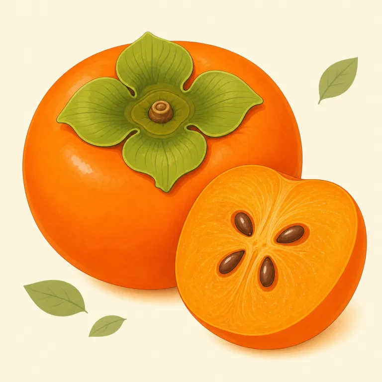 persimmon（柿・名詞）の覚え方イラスト — まず fruit の仲間として覚え、apple や peach と同じく「そのまま果物名を指す語」だと固定します