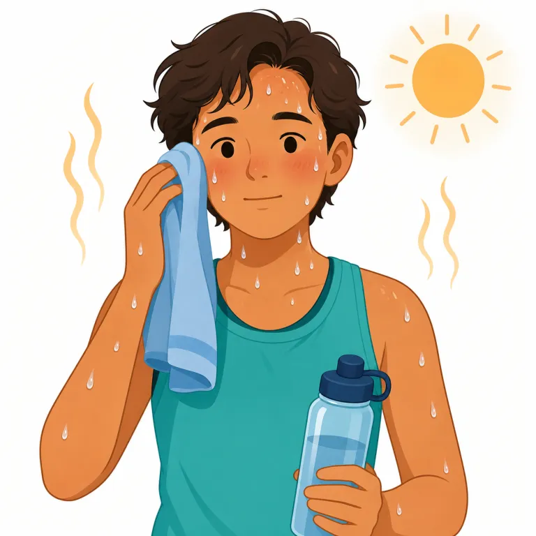 perspire（汗をかく・動詞）の覚え方イラスト — まず基本語の sweat を軸に置くと覚えやすいです