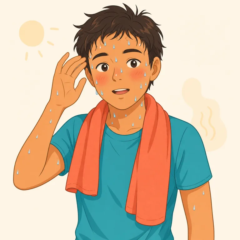 perspiring（汗をかく・動詞）の覚え方イラスト — perspire は sweat より少し硬く、会話のど真ん中よりも説明文や書き言葉で見かけやすい語