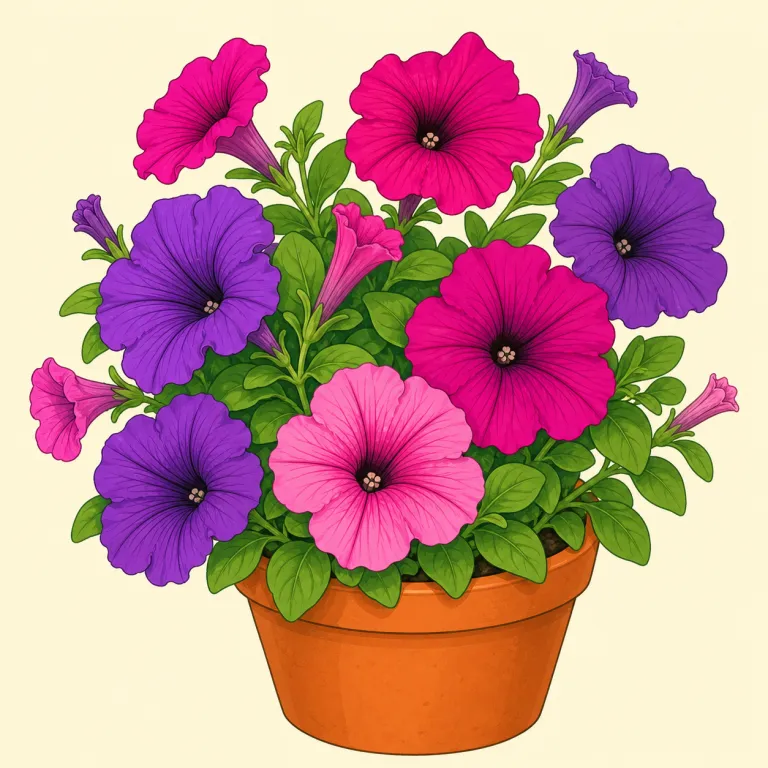 petunia（ペチュニア・名詞）の覚え方イラスト — 花名としては意味分解しにくいので、無理に細かく分析するより、「-ia で終わる園芸植物名」のまとまりで覚えると定着しやすいです