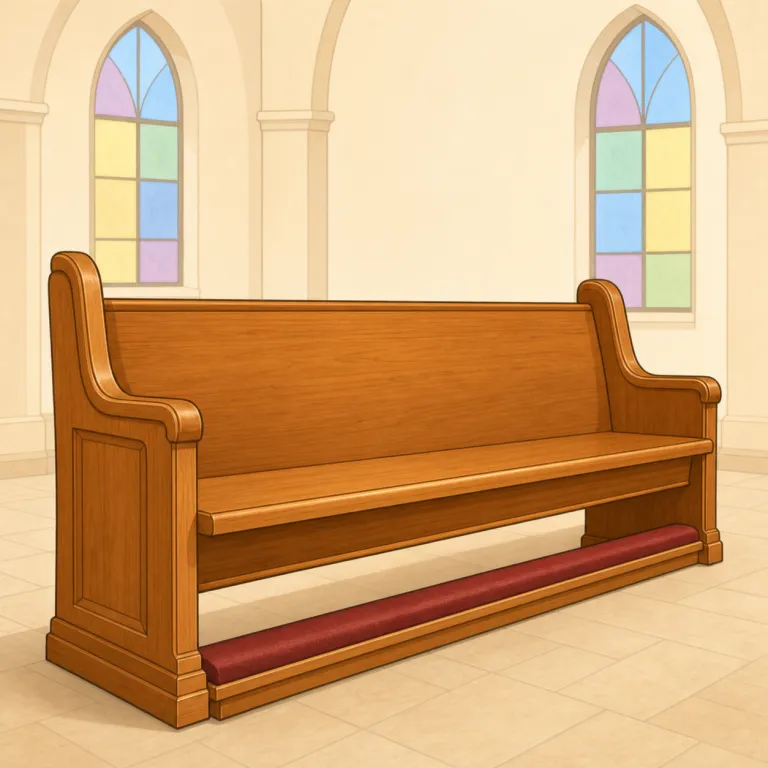 pew（教会の長椅子・名詞）の覚え方イラスト — pew は単独で覚えるより、church pew / sit in the pews で固定して覚えると残りやすい語です