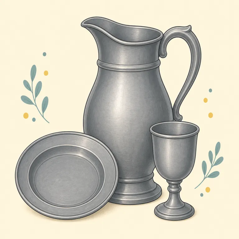 pewter（錫合金（ピューター）・名詞）の覚え方イラスト — 素材名としてまとまりで覚える語