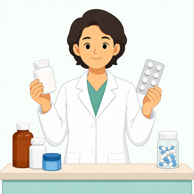pharmacist（薬剤師・名詞）の覚え方イラスト — この pharmacist は「薬屋」という店や店の人という広い意味ではなく、薬を調剤し、用法や副作用を説明する専門職「薬剤師」を指す用法です