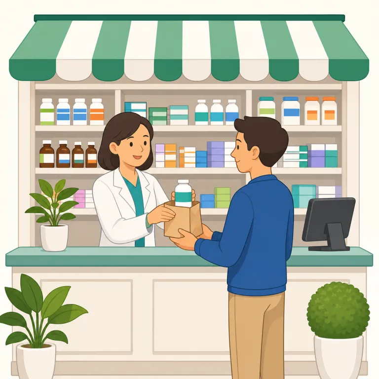 pharmacy（薬局・名詞）の覚え方イラスト — pharmacy は pharma- から「薬」関連だと反応し、薬を受け取ったり相談したりする「場所」として覚えます