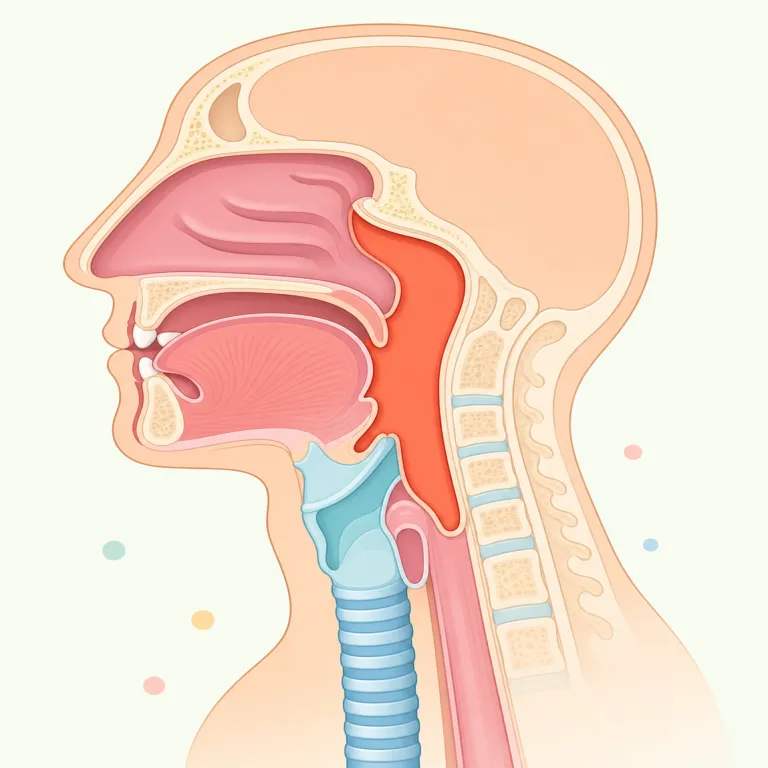 pharynx（咽頭・名詞）の覚え方イラスト — pharynx は単体で丸暗記するより、pharyngitis（咽頭炎）, nasopharynx（鼻咽頭）などの pharyng- / pharynx の仲間でまとめると残りやすいです