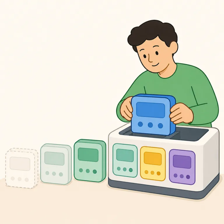 phase in（段階的に導入する・句動詞）の覚え方イラスト — phase は「段階」、in は「中へ入れる」と捉えると、一気に始めるのでなく「段階を踏んで中に組み込む」動きで覚えやすいです