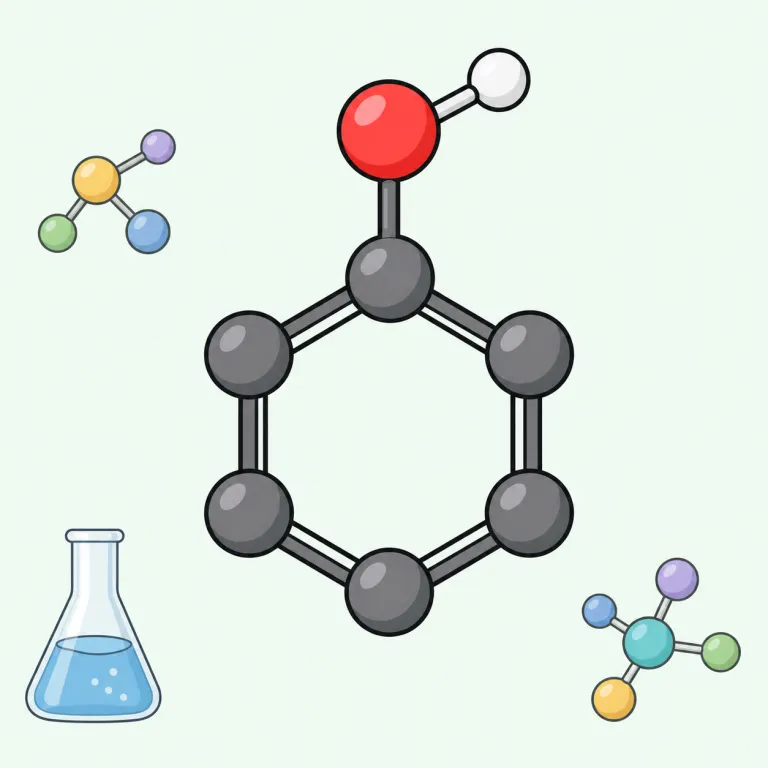 phenol（フェノール・名詞）の覚え方イラスト — まず語尾の -ol に注目すると、alcohol, ethanol, menthol など化学名でよく出る『OH を持つ化合物』の仲間だと連想しやすいです