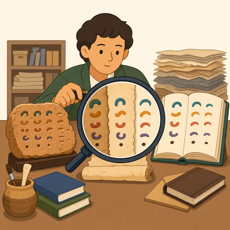 philological（文献学の・形容詞）の覚え方イラスト — このエントリの philological は「文献学の」、つまり古典文献・写本・古いテキストを、語形や異本の差まで細かく調べる学問に関する意味として覚える