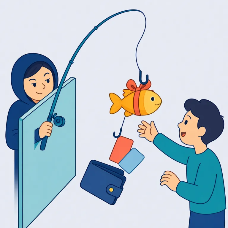 phish（詐取する・動詞）の覚え方イラスト — fish「魚を釣る」と同じ発音で、偽メールを餌にして人を「釣る」イメージから覚えると定着しやすい語です