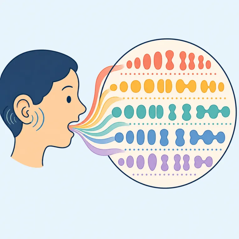 phonology（音韻論・名詞）の覚え方イラスト — `phonology` は `phone/telephone` の phono- で「音」を思い出し、`biology` や `geology` の `-logy` で「学問」とつ…