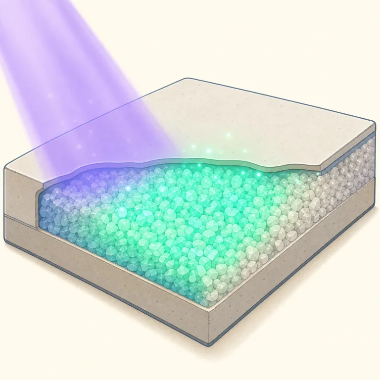 phosphor（蛍光体・名詞）の覚え方イラスト — photo や photon など“光”系の理科語を知っていると、phosph- を見た時点で発光・光学の話だと当たりをつけやすい