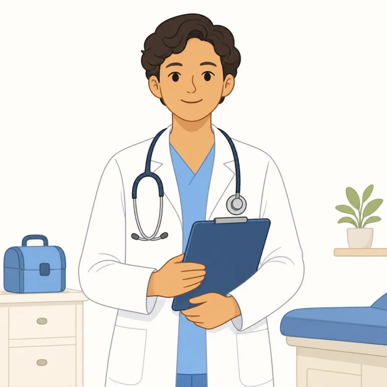 physician（医師・名詞）の覚え方イラスト — physician は、まず physical の phys- と同じ形を手がかりにして「身体・医学に関係する語」と結びつけると残りやすいです