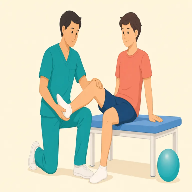 physiotherapist（理学療法士・名詞）の覚え方イラスト — physio- は physical と同じ「身体」の仲間、therapist は therapy をする人