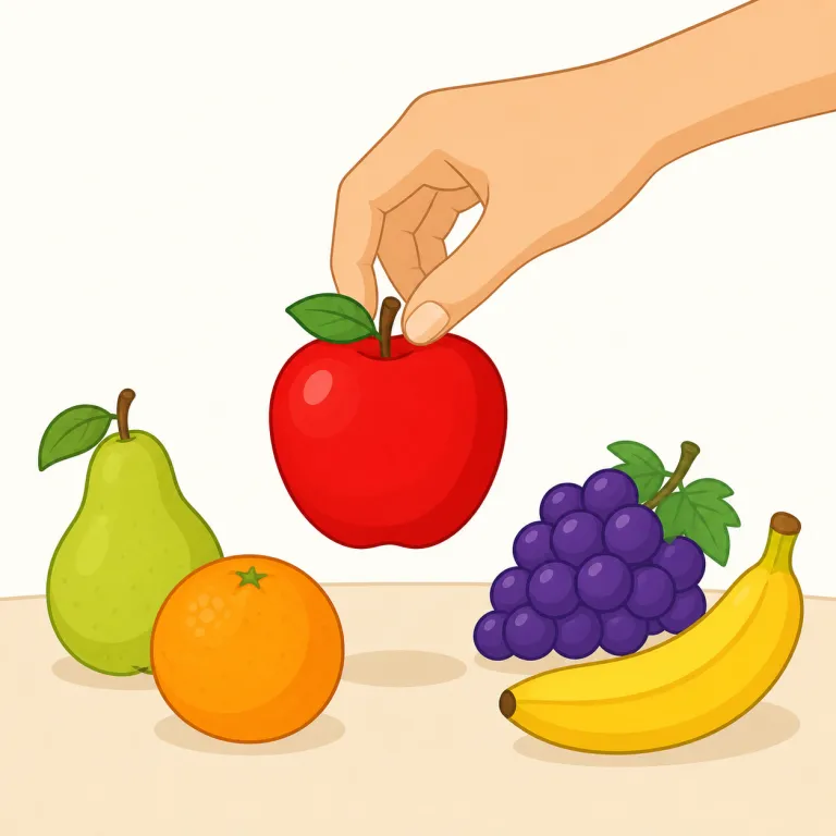 pick（選ぶ・動詞）の覚え方イラスト — pick は元来「つまみ取る・摘む」感覚を持つため、選択でも「候補の山から一つを取る」と考えると覚えやすいです