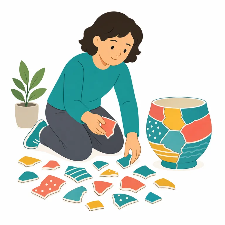 pick up the pieces（立て直す・イディオム）の覚え方イラスト — この「立て直す」は、単に目の前の事態を収拾する基本義とは別に、失敗・災害・別れなどで崩れた生活、組織、人間関係を時間をかけて元の軌道へ戻す感覚で覚える