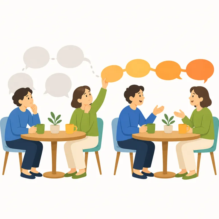 pick up the thread（話を再開する・イディオム）の覚え方イラスト — pick up the thread では、thread を「会話・議論・物語の筋」と考えます