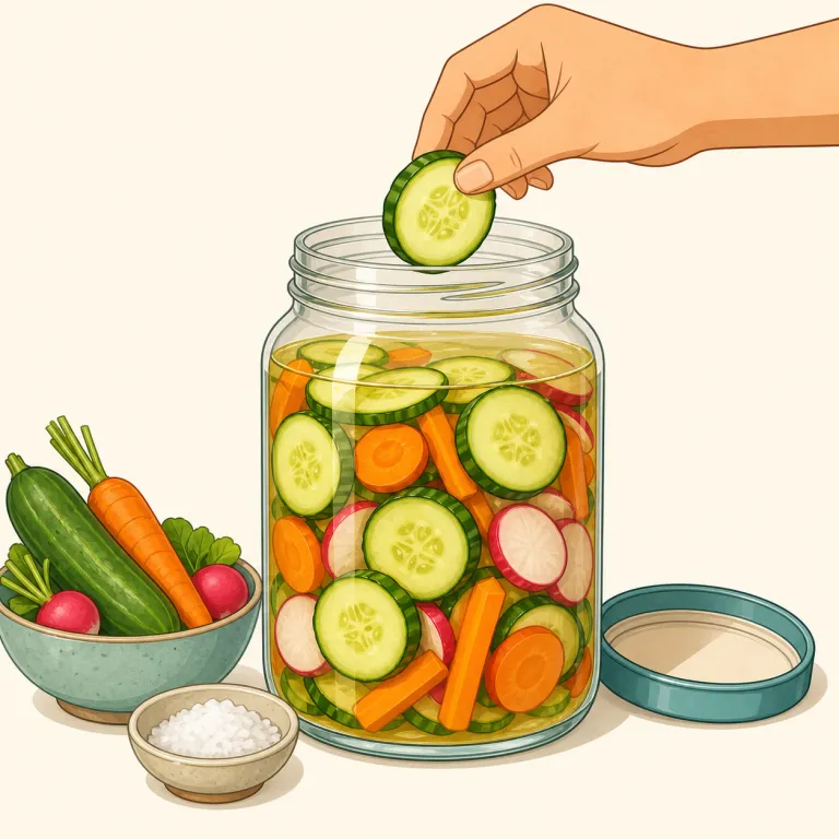 pickling（漬物作り、酸洗い・名詞）の覚え方イラスト — pickle をまず「ピクルスにする液に漬ける」と押さえると、pickling はその -ing 形で「漬け込む処理・工程」という名詞だと覚えやすいです