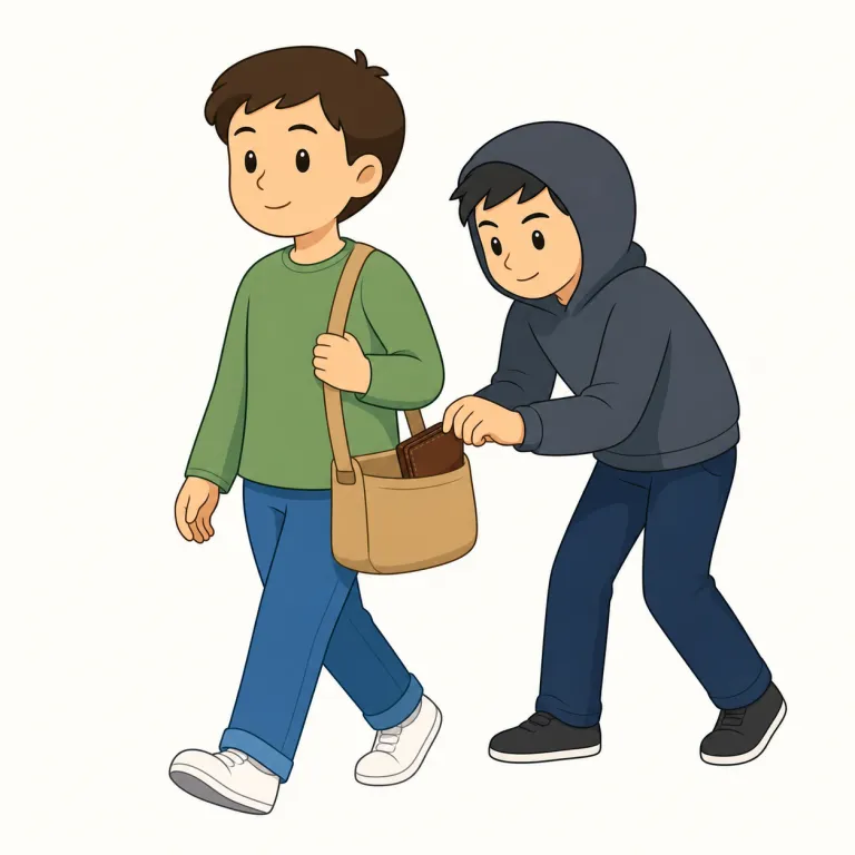 pickpocket（スリ・名詞）の覚え方イラスト — `pick` は「つまみ取る・拾う」、`pocket` は「ポケット」