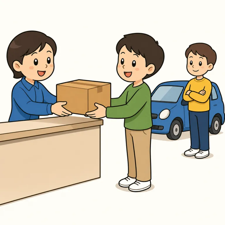 pickup（受け取り、回収、迎え・noun）の覚え方イラスト