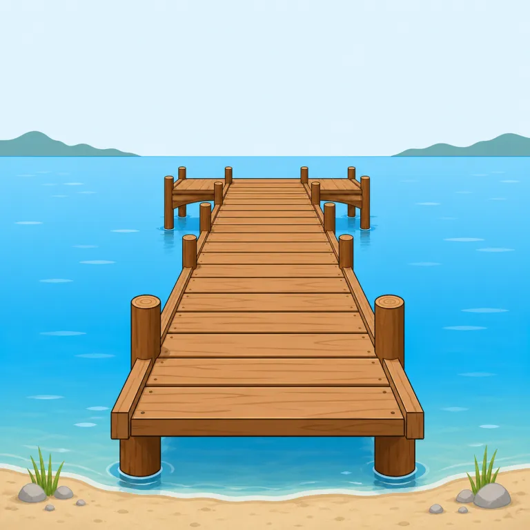 pier（桟橋・名詞）の覚え方イラスト — pier を「桟橋」として覚えるときは、海辺や湖で水上へ細長く伸びる足場を思い浮かべると定着します