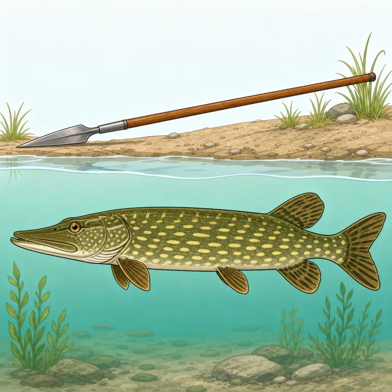 pike（槍 / カワカマス・名詞）の覚え方イラスト — pike には二つの具体物を結び付けて覚える