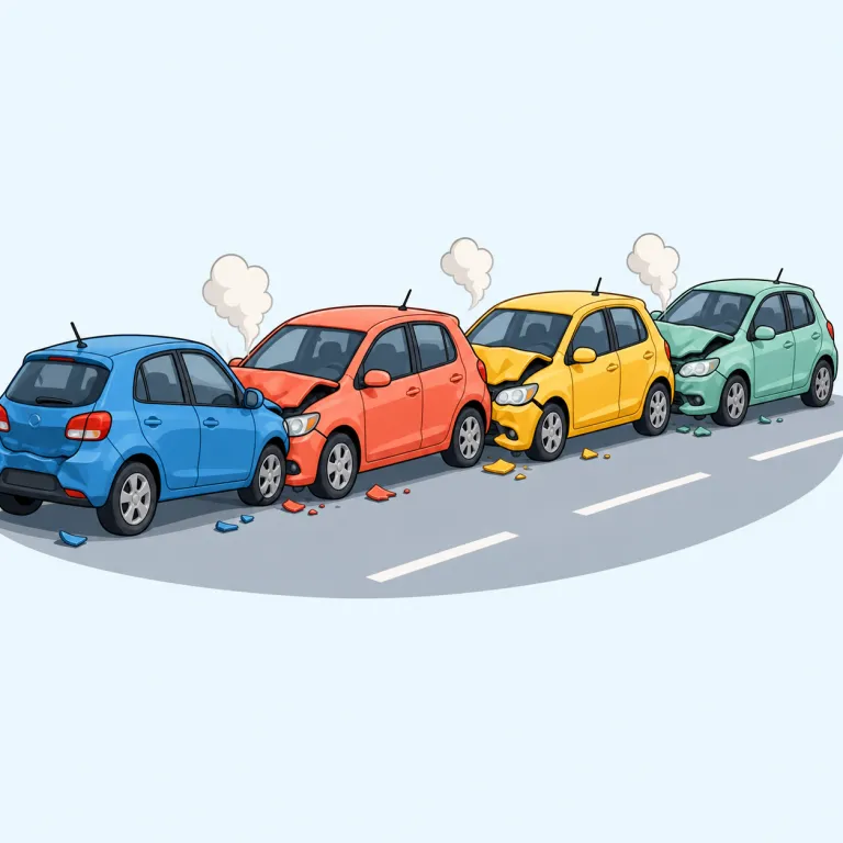 pileup（玉突き事故・名詞）の覚え方イラスト — pile up「積み重なる」が名詞化した語で、車が次々にぶつかって折り重なる映像を思い浮かべると定着しやすいでしょう