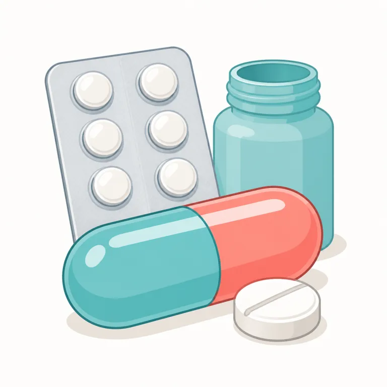 pill（錠剤・名詞）の覚え方イラスト — medicine は薬全般、drug は薬物も含む広い語ですが、pill はその中の「口から飲む一粒の薬」という具体的な語です